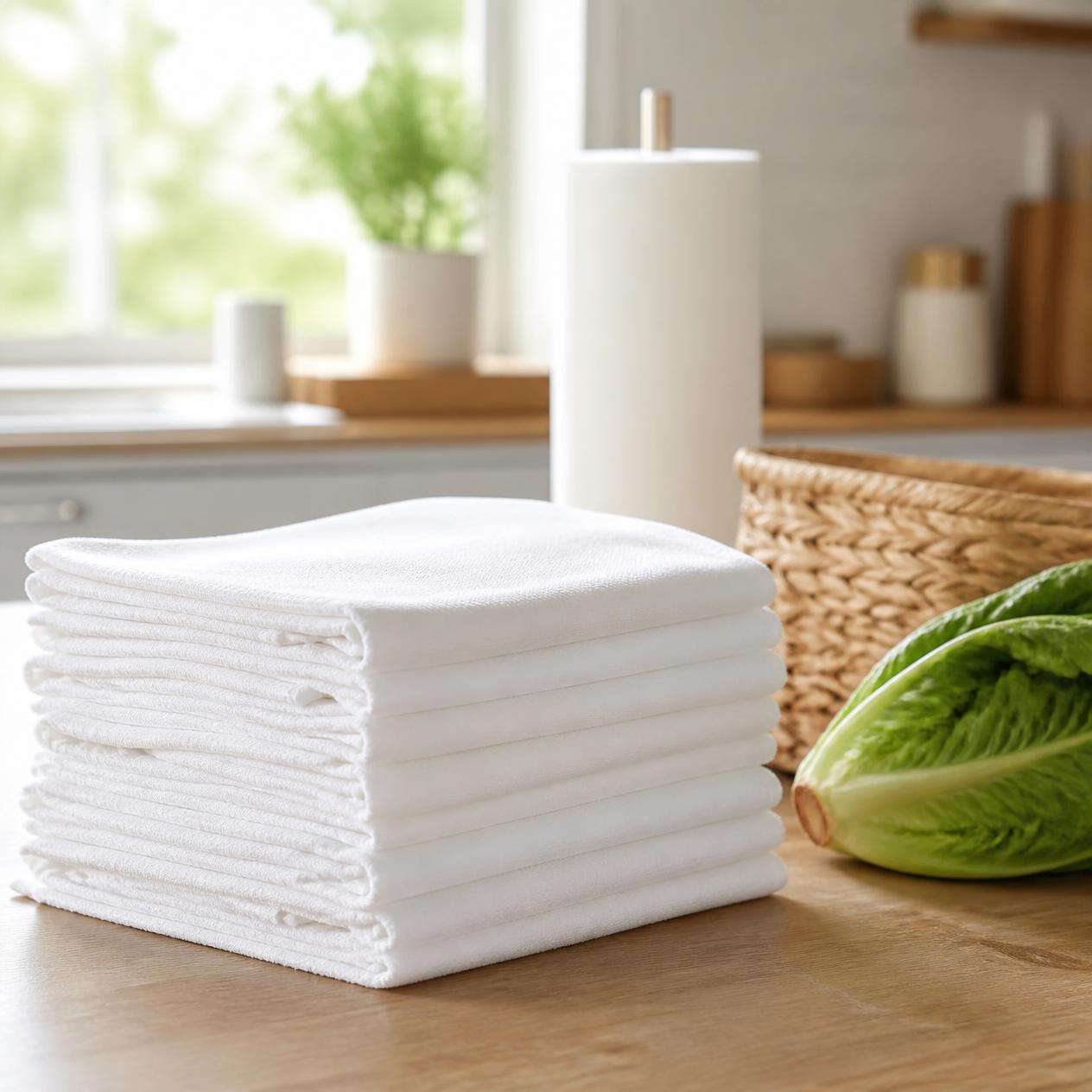 A stack of folded white cloths on a kitchen counter